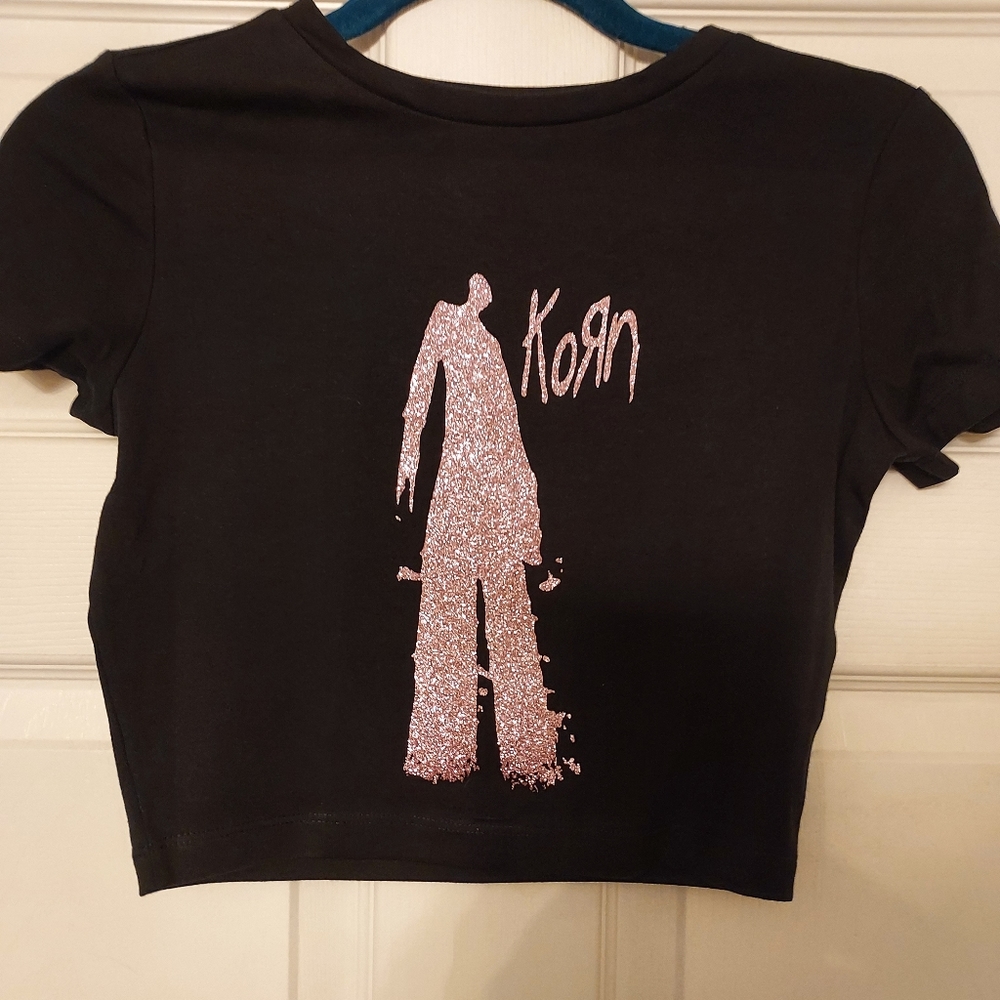 Korn baby tee korn shirt korn crop top self titled hand pressed pink glitter vin